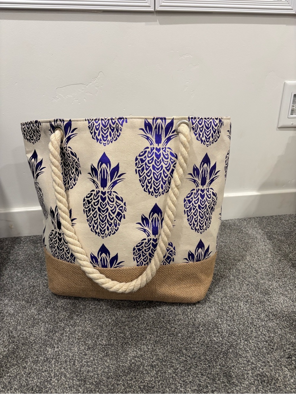 Navy Pineapple Canvas Tote Bag with Rope Handles